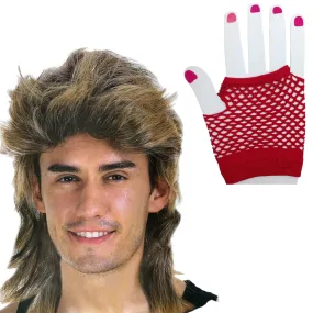 2Pcs Set Golden Blonde Bullet Wig   Fishnet Gloves 70s 80s Womens Costume Party - Red - One-Size