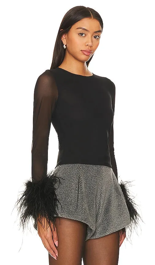 Alice   Olivia Delaina Ls Mesh Feathr Cuf Top in Black