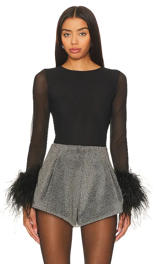 Alice   Olivia Delaina Ls Mesh Feathr Cuf Top in Black