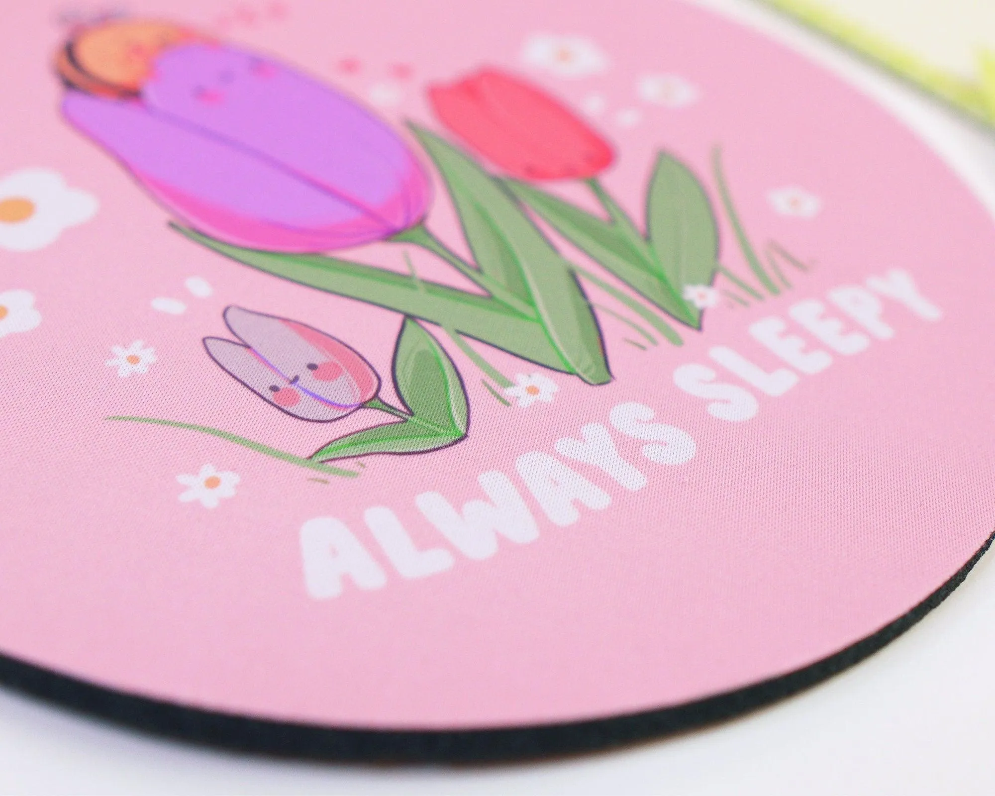 Always Sleepy Bumblebee Mouse Pad | Kawaii Pink Tulip Desk Mat | Cute Aesthetic Office & Gaming Accessory