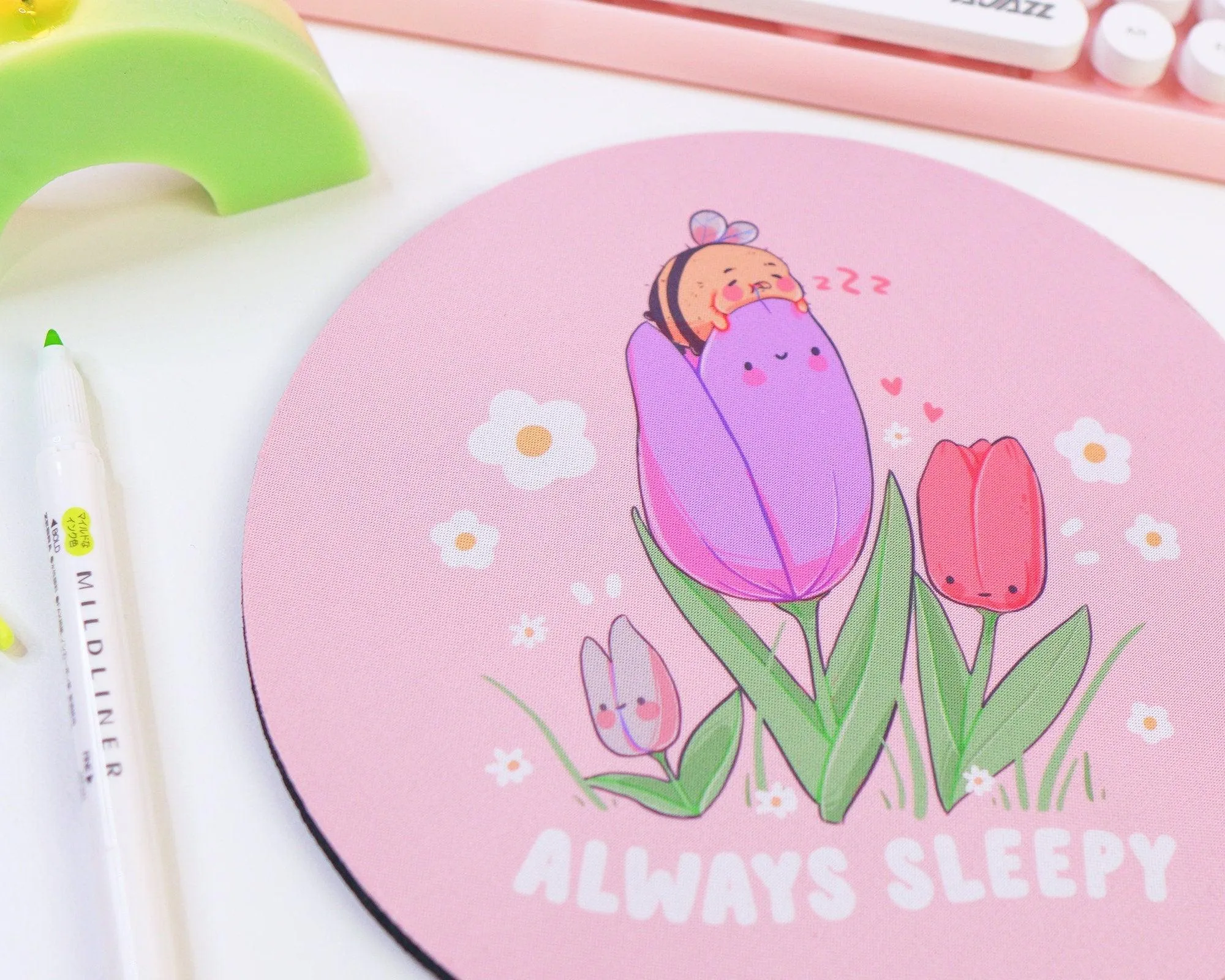 Always Sleepy Bumblebee Mouse Pad | Kawaii Pink Tulip Desk Mat | Cute Aesthetic Office & Gaming Accessory