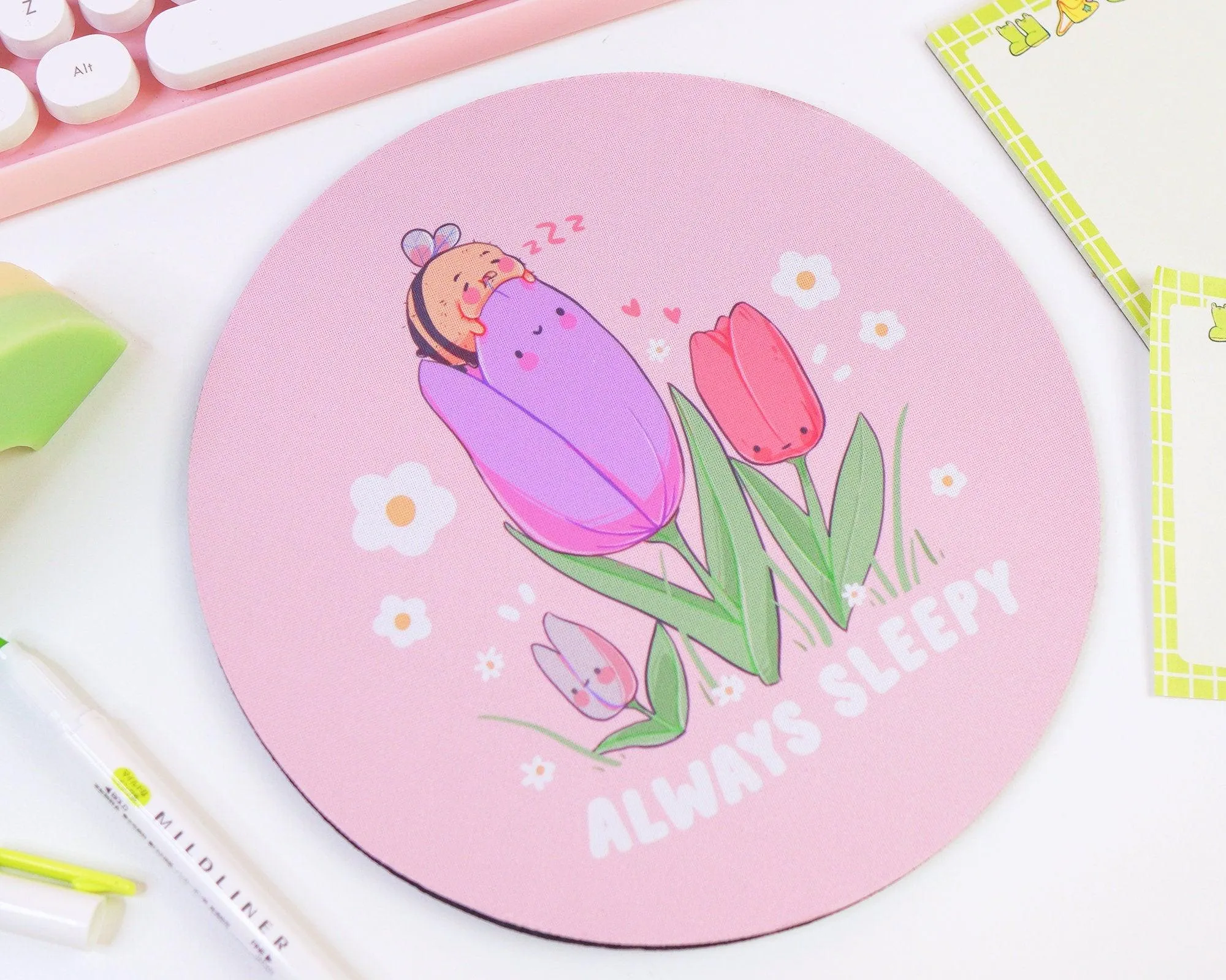 Always Sleepy Bumblebee Mouse Pad | Kawaii Pink Tulip Desk Mat | Cute Aesthetic Office & Gaming Accessory