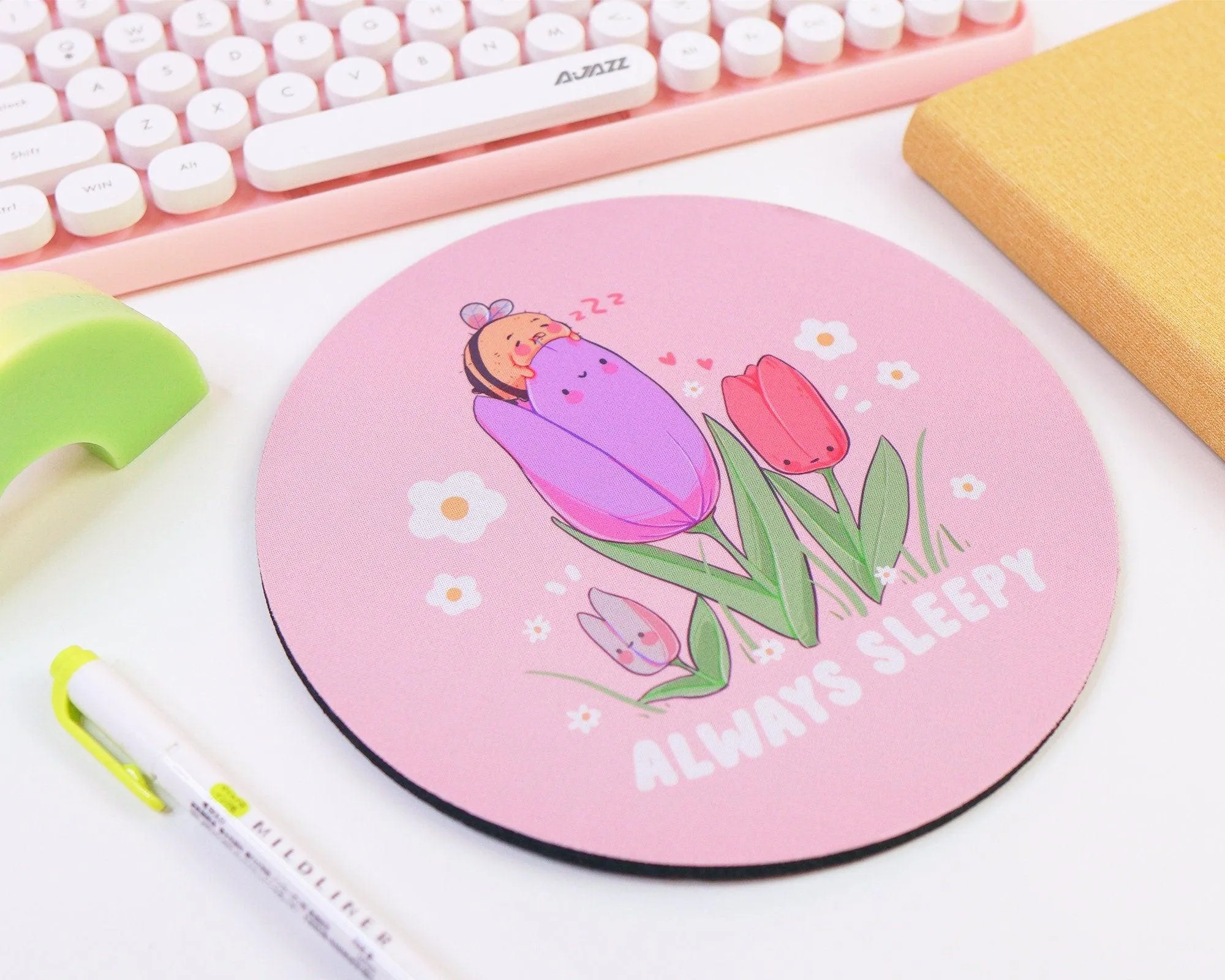 Always Sleepy Bumblebee Mouse Pad | Kawaii Pink Tulip Desk Mat | Cute Aesthetic Office & Gaming Accessory