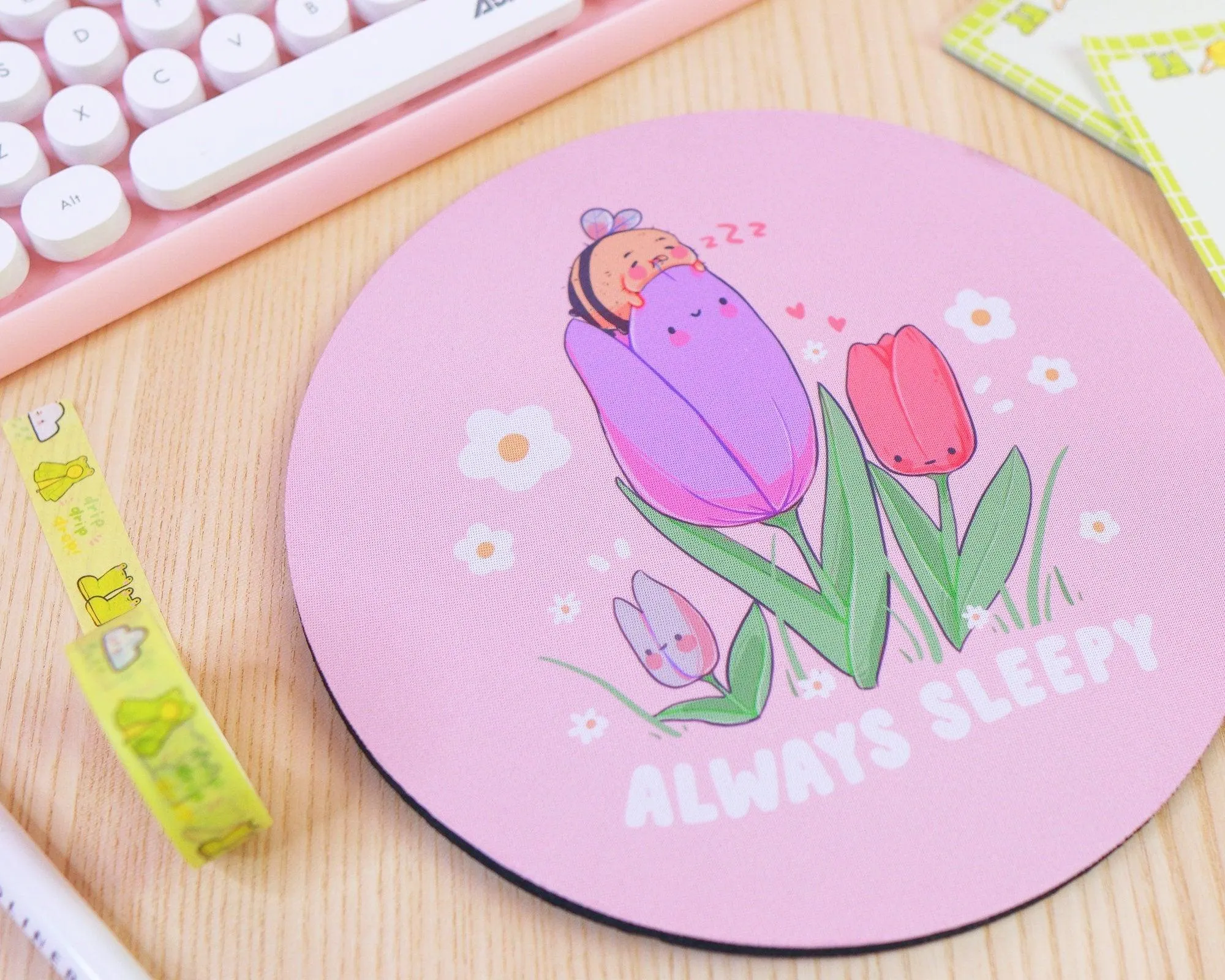Always Sleepy Bumblebee Mouse Pad | Kawaii Pink Tulip Desk Mat | Cute Aesthetic Office & Gaming Accessory