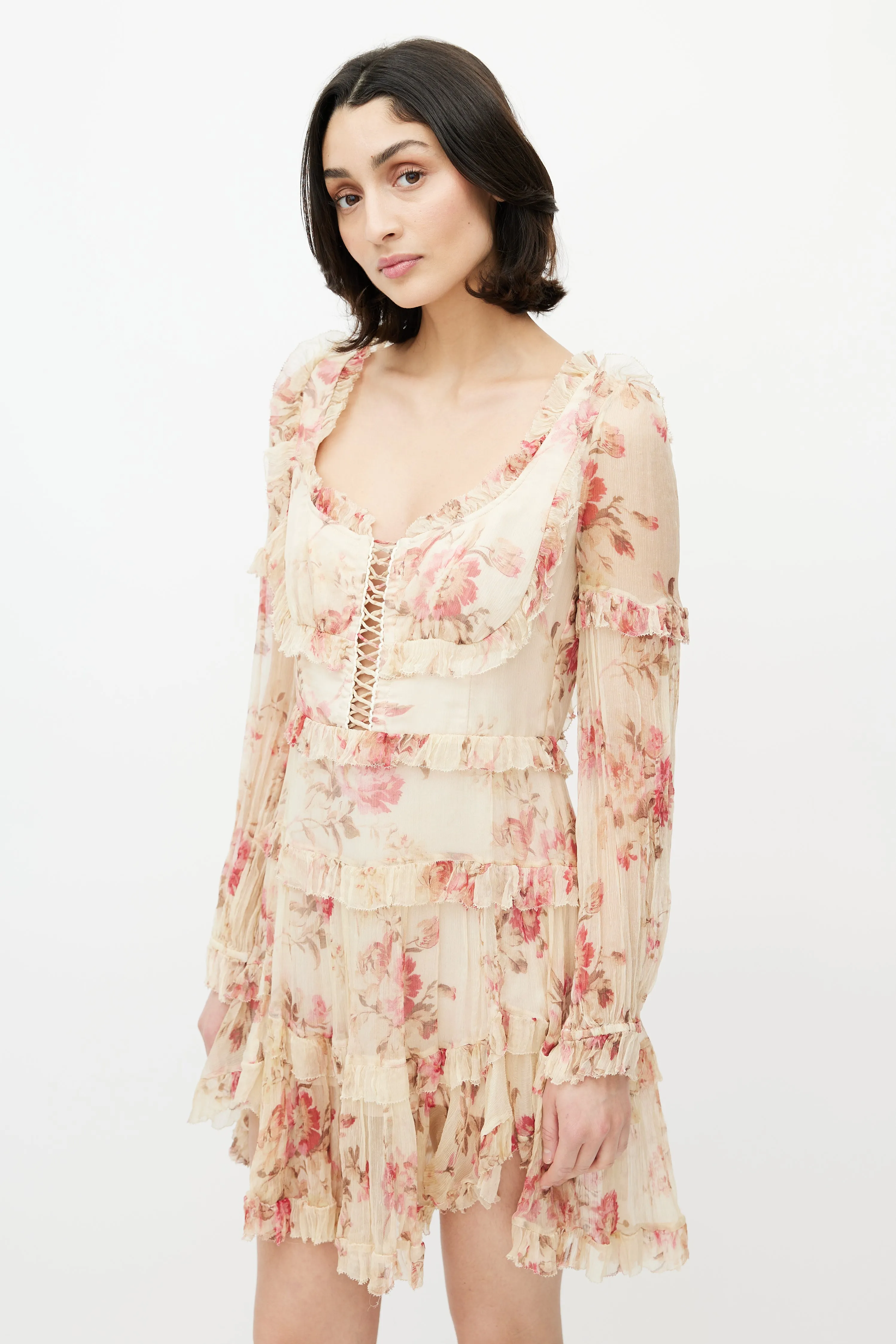 Beige & Multicolour Floral Silk Tiered Dress