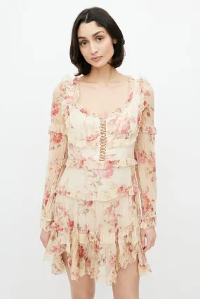 Beige & Multicolour Floral Silk Tiered Dress