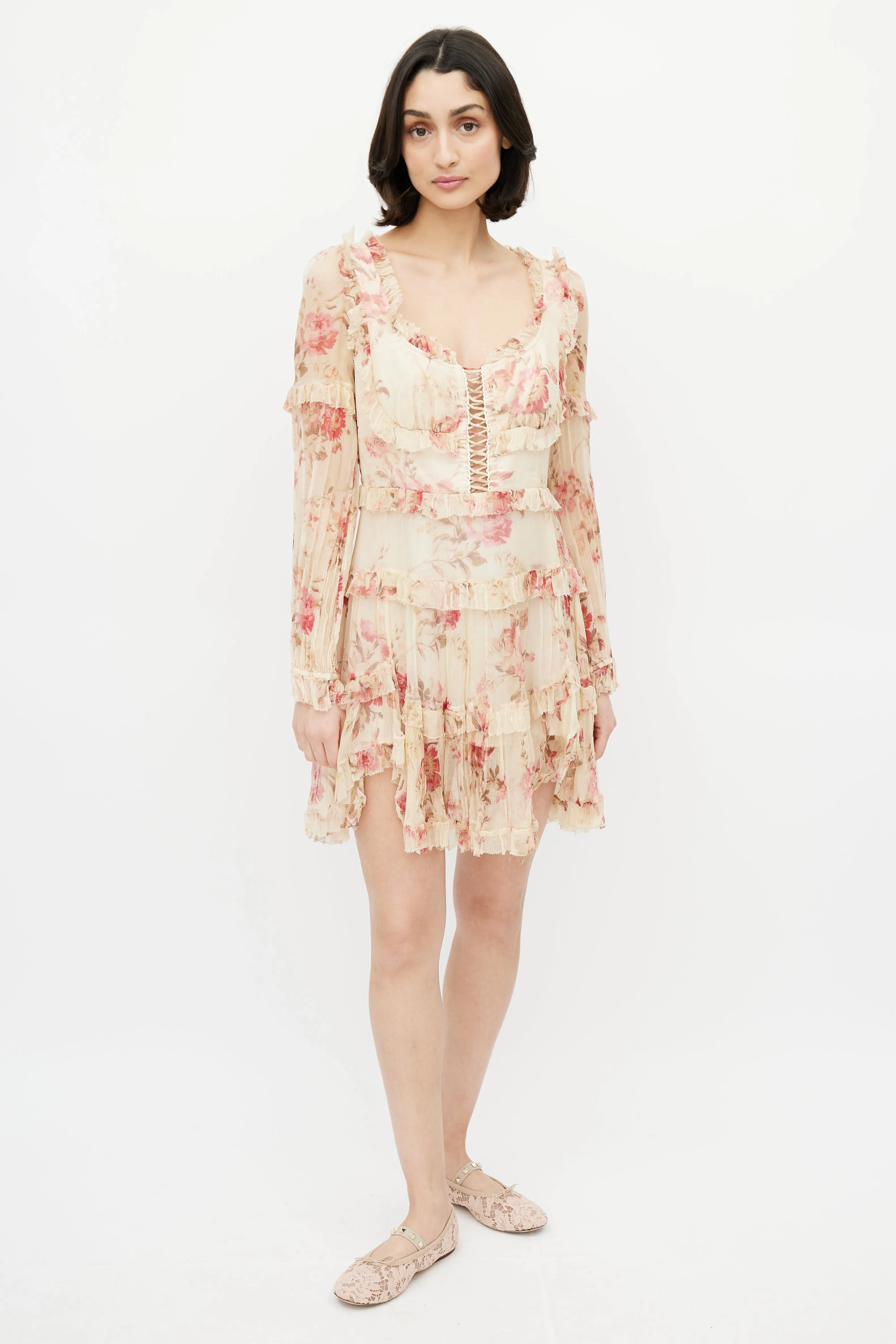 Beige & Multicolour Floral Silk Tiered Dress