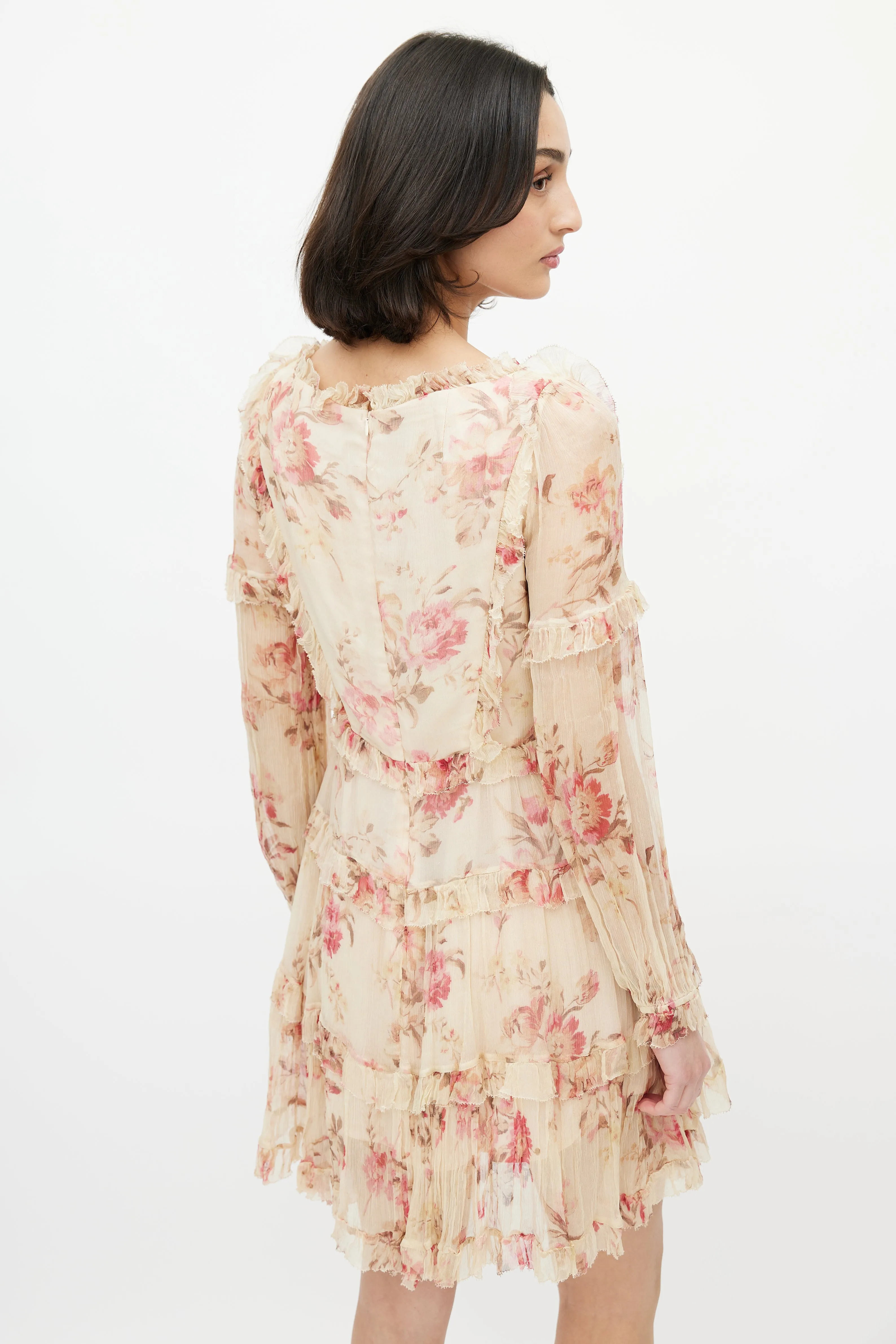 Beige & Multicolour Floral Silk Tiered Dress