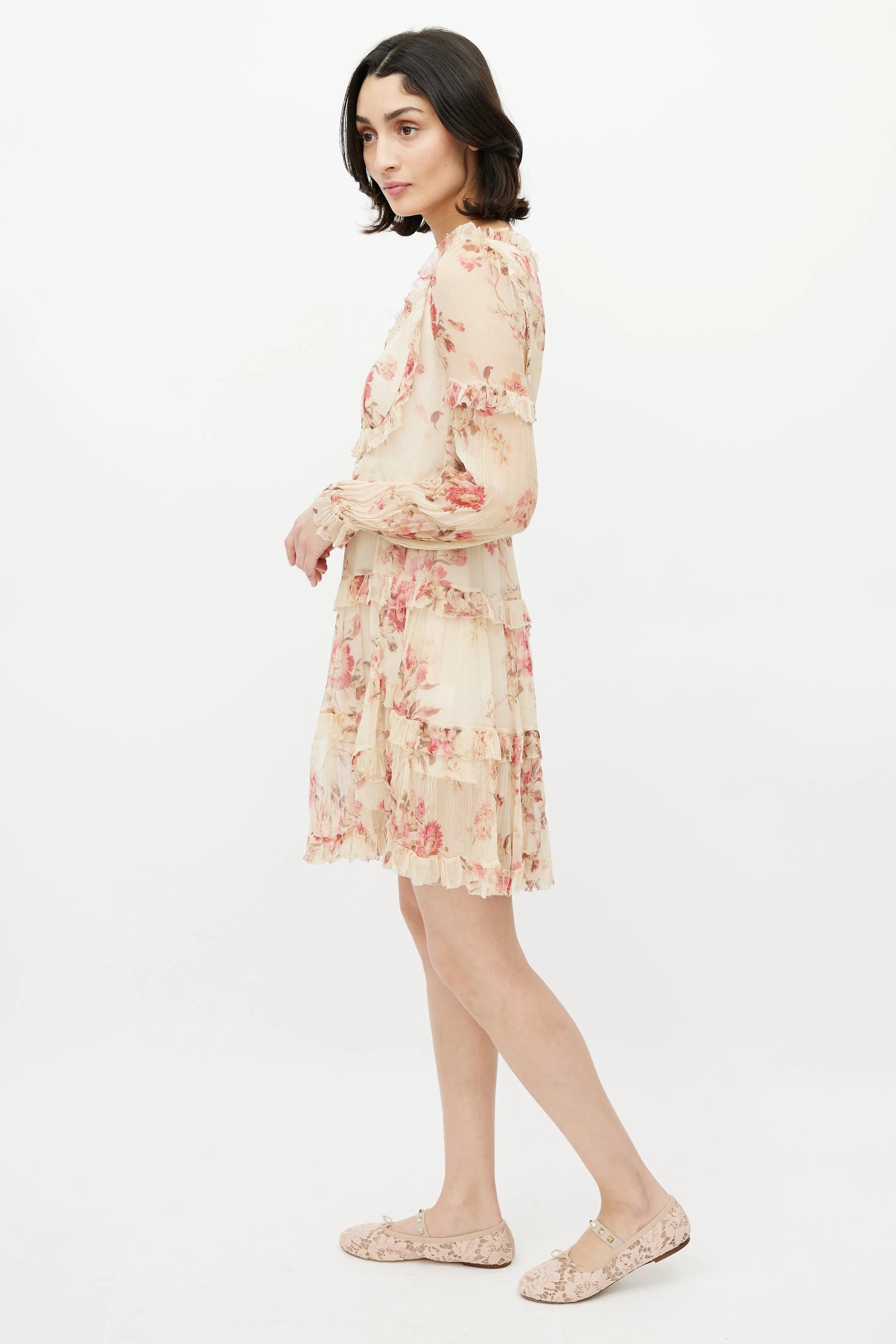 Beige & Multicolour Floral Silk Tiered Dress