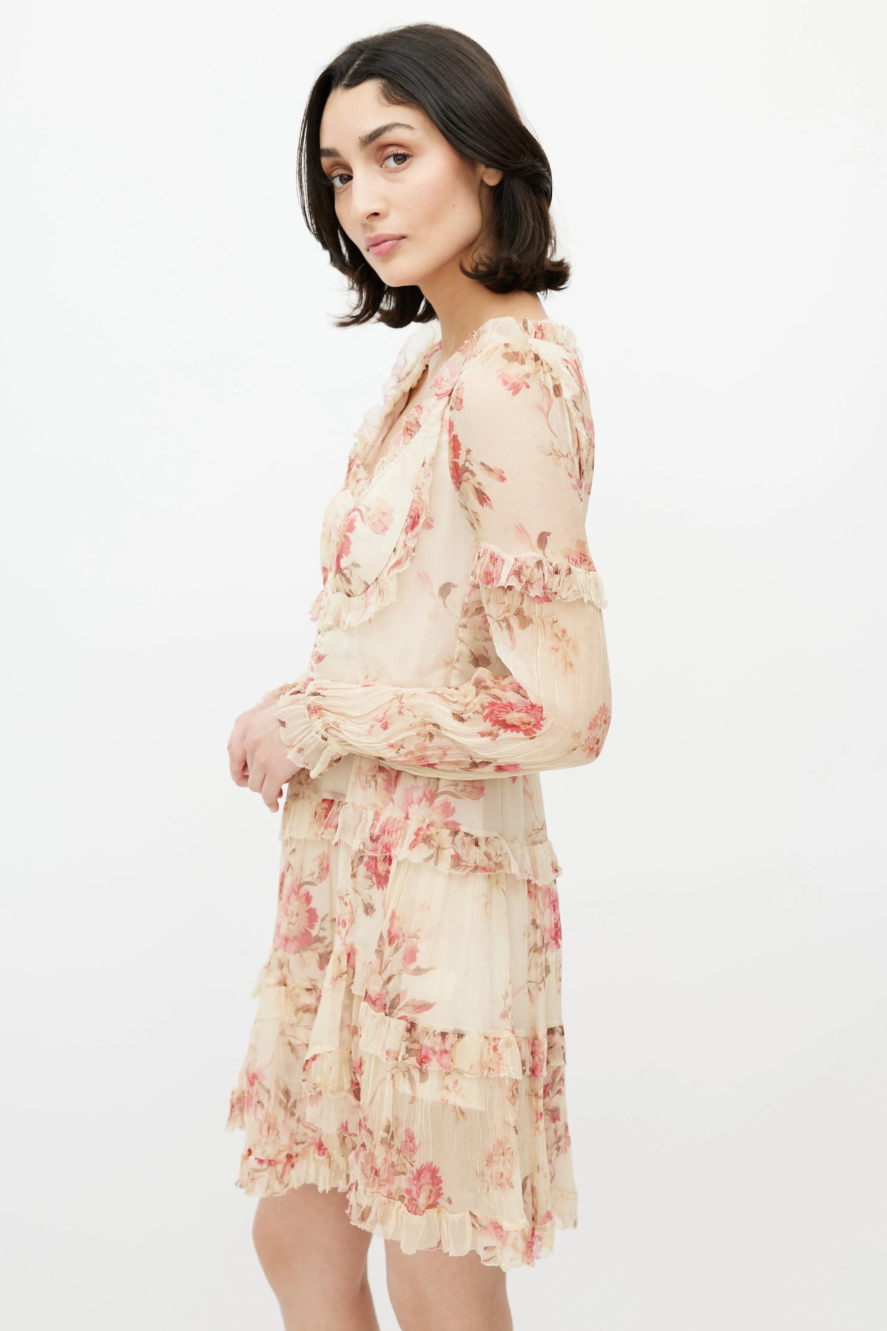 Beige & Multicolour Floral Silk Tiered Dress
