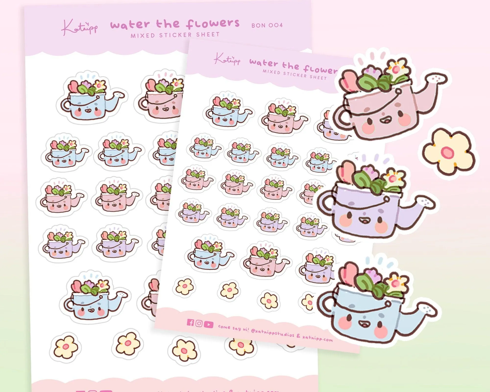 Bonbun's Kawaii Water the Flowers Sticker Sheet | Pastel Spring Gardening Stickers | Cute Planner & Journal Decor | BON 004