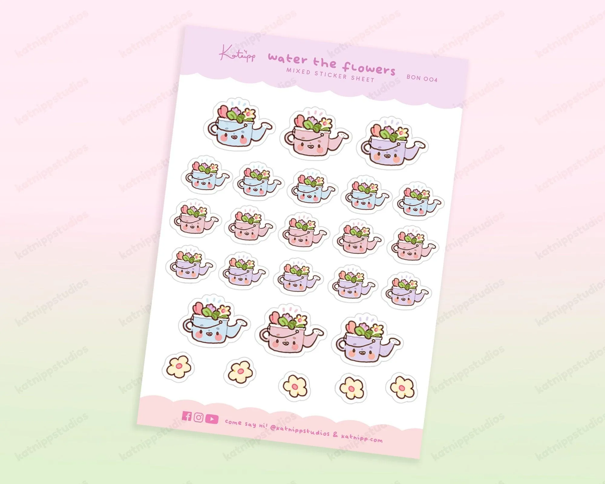 Bonbun's Kawaii Water the Flowers Sticker Sheet | Pastel Spring Gardening Stickers | Cute Planner & Journal Decor | BON 004
