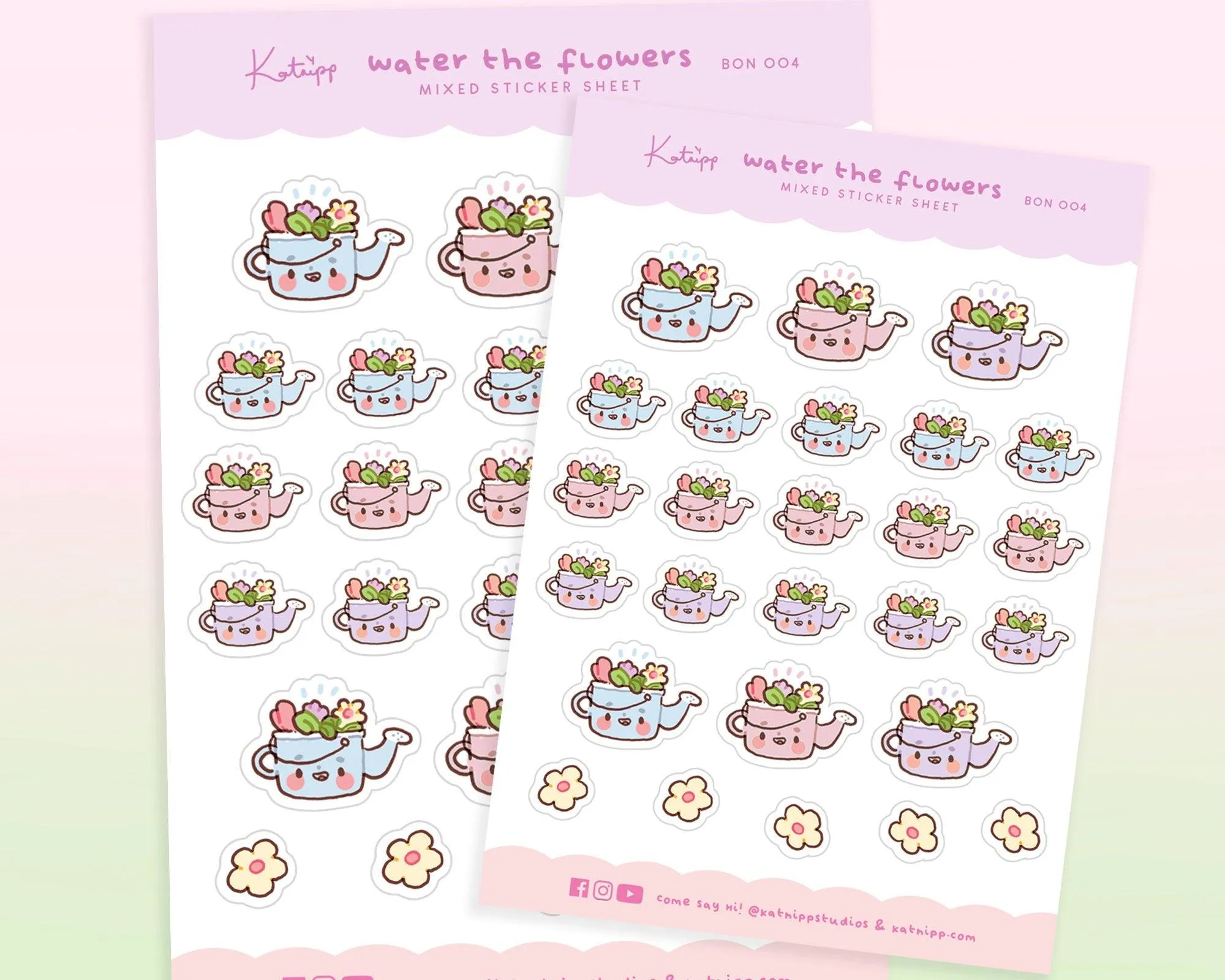 Bonbun's Kawaii Water the Flowers Sticker Sheet | Pastel Spring Gardening Stickers | Cute Planner & Journal Decor | BON 004