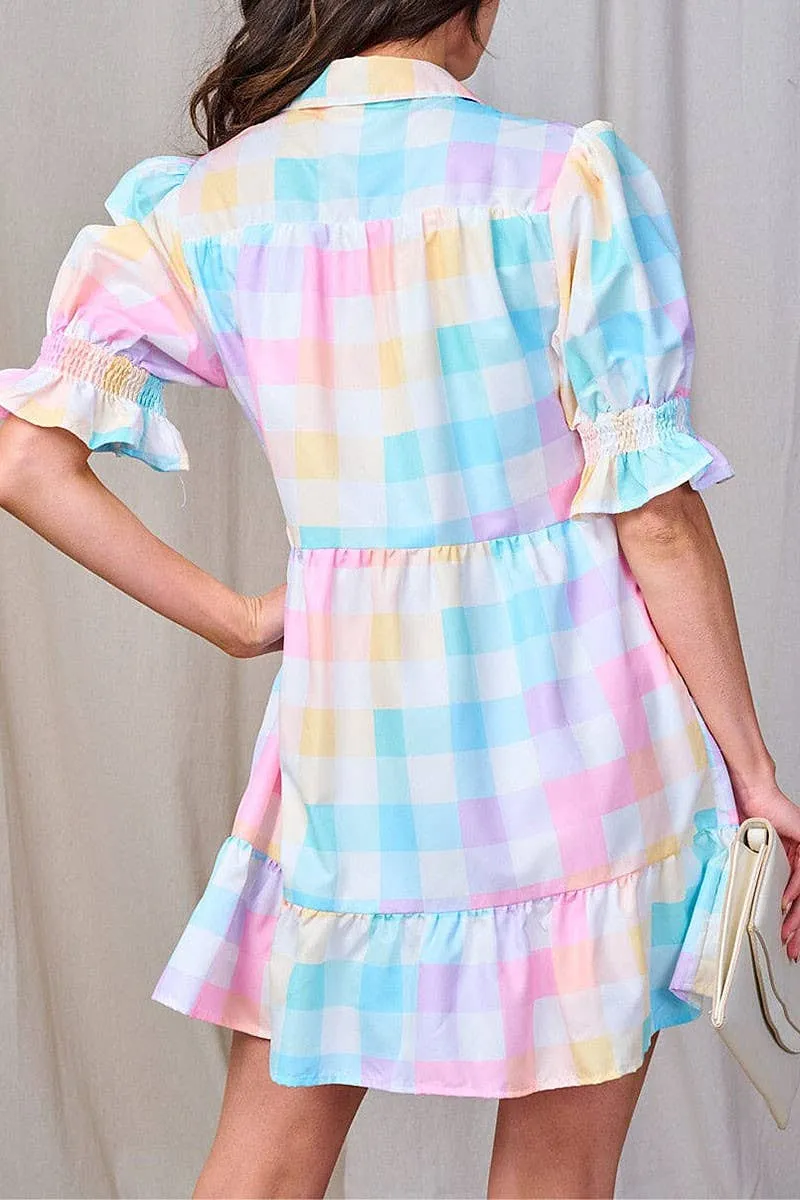 Checker pastel bubble sleeve Dress