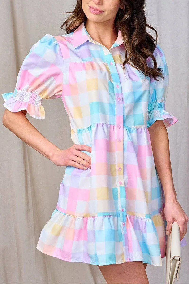 Checker pastel bubble sleeve Dress