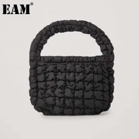 Christmas Gift [EAM] Handle Bag Female Retro Fabric Luxury Shoulder Bag New 2021 Fashion Shopper Pleated Down Bag Clutch Autumn Winter 18A5411