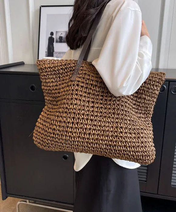 Coffee Straw Woven Satchel Bag Handbagdbag Patchwork Zip Up LY1385