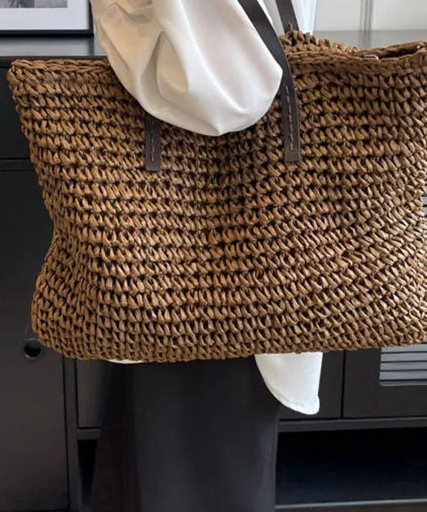 Coffee Straw Woven Satchel Bag Handbagdbag Patchwork Zip Up LY1385