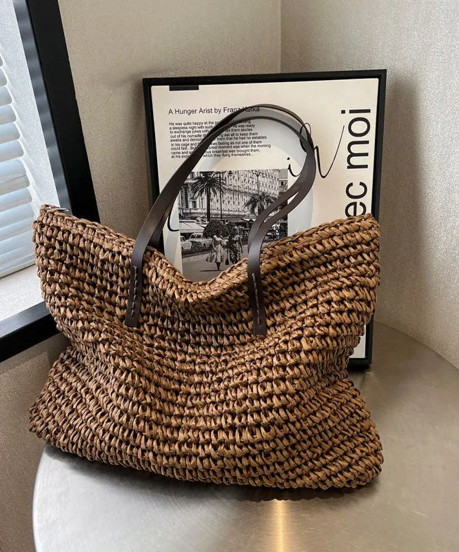 Coffee Straw Woven Satchel Bag Handbagdbag Patchwork Zip Up LY1385