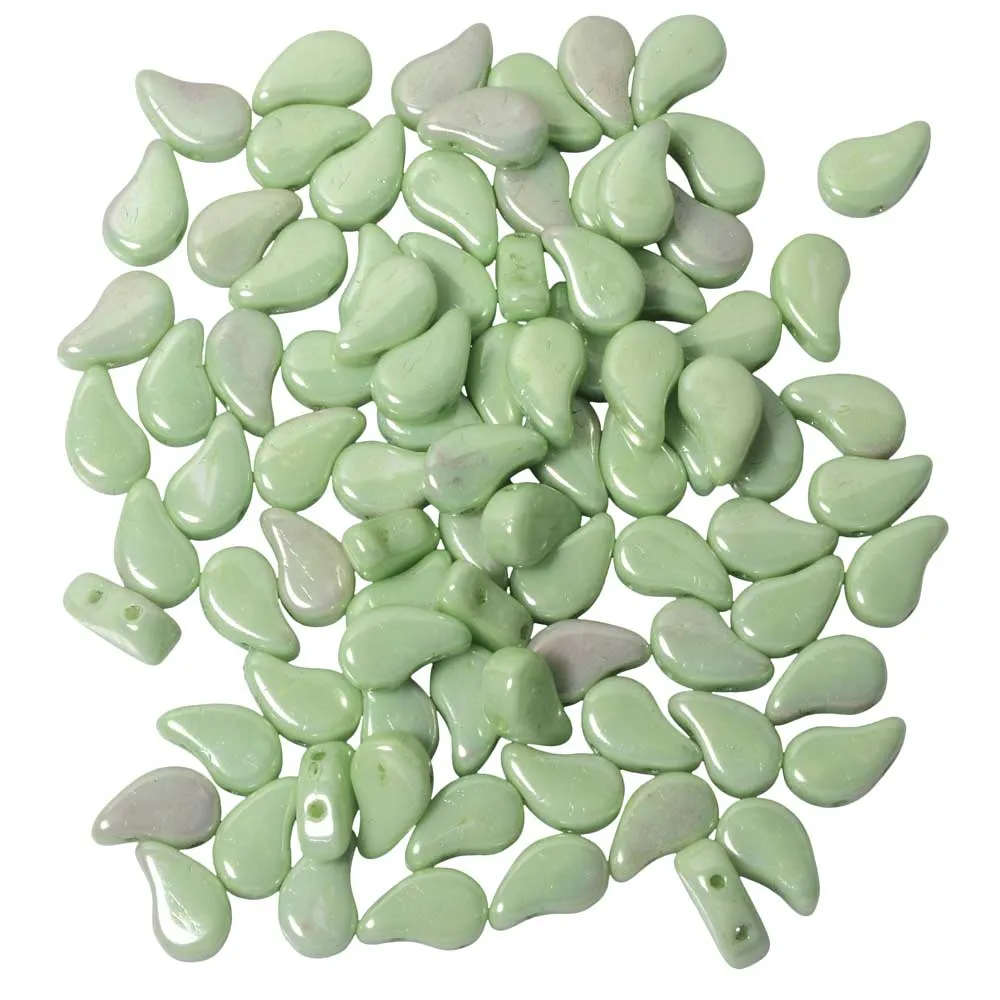 Czech Glass, 2-Hole Paisley Duo Beads 8x5mm, Chalk Light Green Luster (22 Gram Tube)