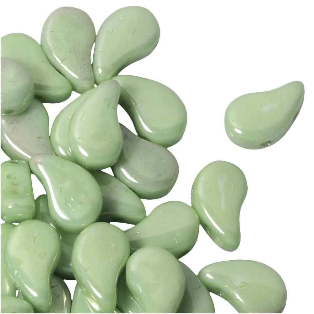Czech Glass, 2-Hole Paisley Duo Beads 8x5mm, Chalk Light Green Luster (22 Gram Tube)