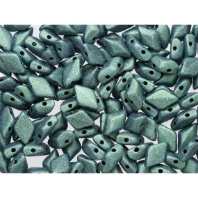Czech Glass GemDuo, 2-Hole Diamond Shaped Beads 8x5mm, Metallic Suede Light Green  (2.5" Tube)