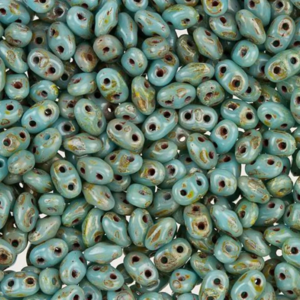 Czech Glass MiniDuo, 2-Hole Beads 2x4mm, Opaque Light Blue Picasso  (2.5 Inch Tube)