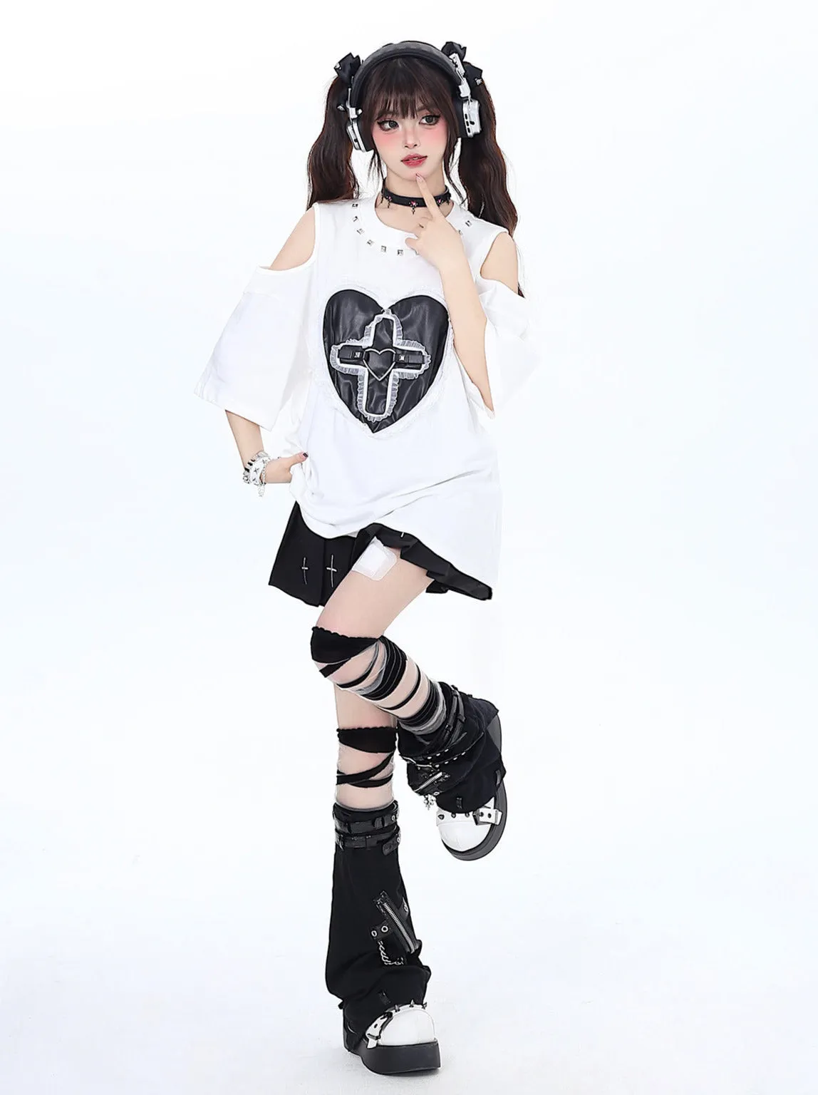 Dark Riveted Lace T-Shirt Love Loose Open Shelder