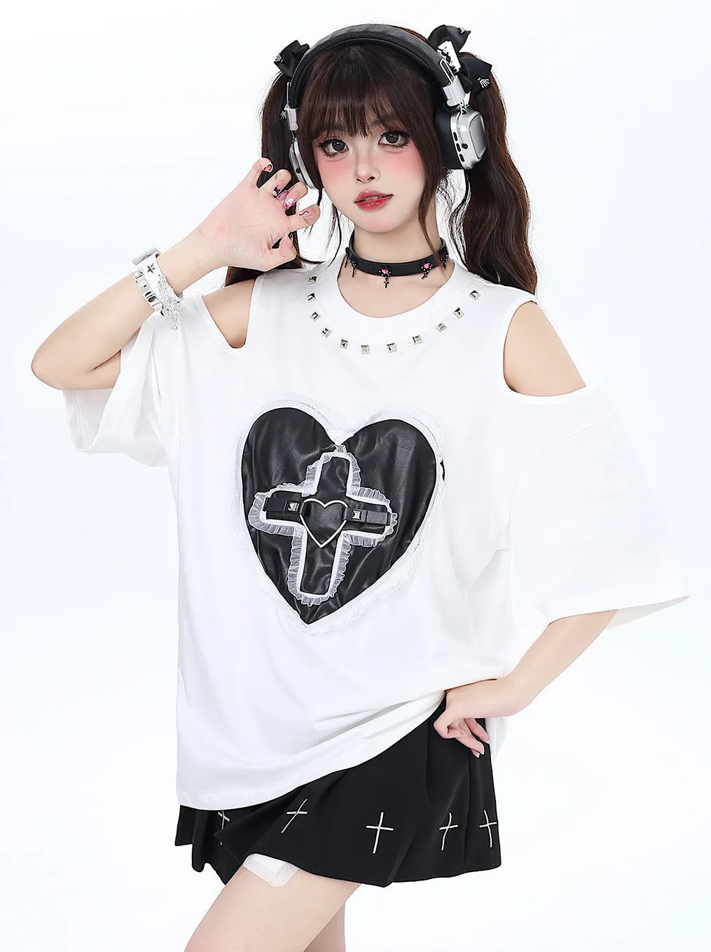 Dark Riveted Lace T-Shirt Love Loose Open Shelder