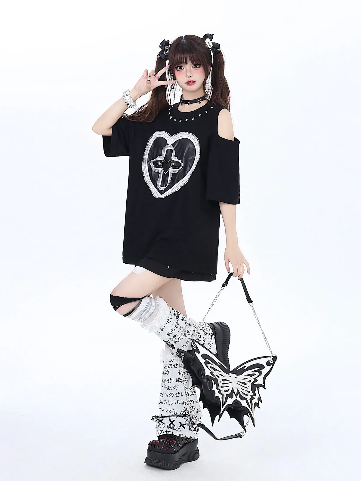 Dark Riveted Lace T-Shirt Love Loose Open Shelder