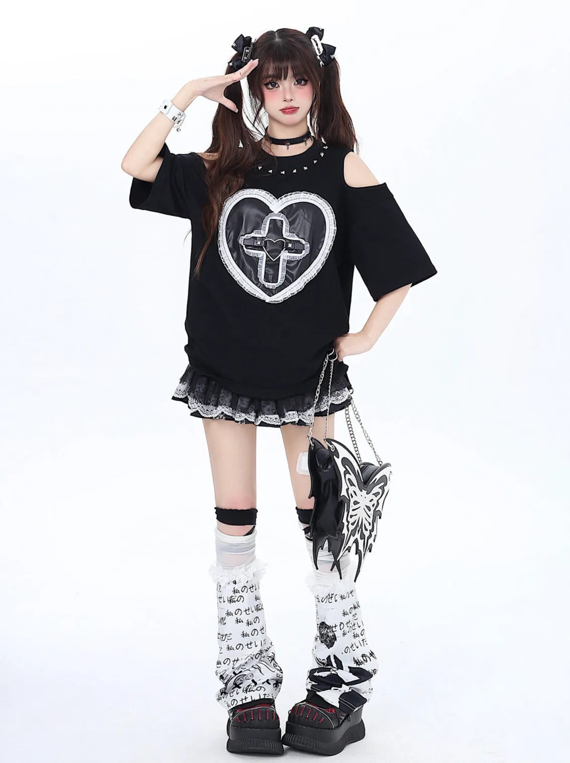 Dark Riveted Lace T-Shirt Love Loose Open Shelder