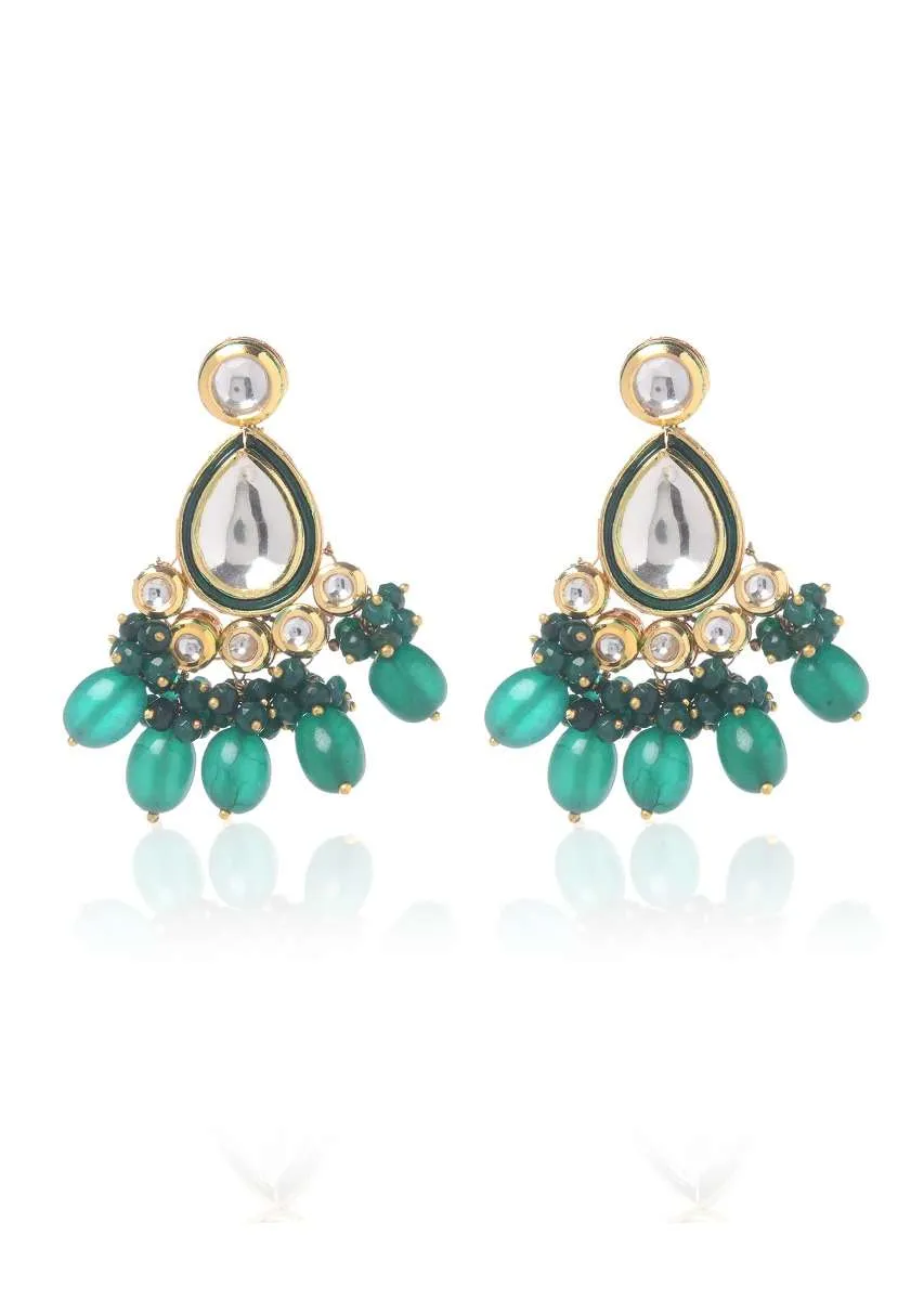 Gold Plated Earrings With Uncut Kundan Polki And Emerald Green Stones By Paisley Pop