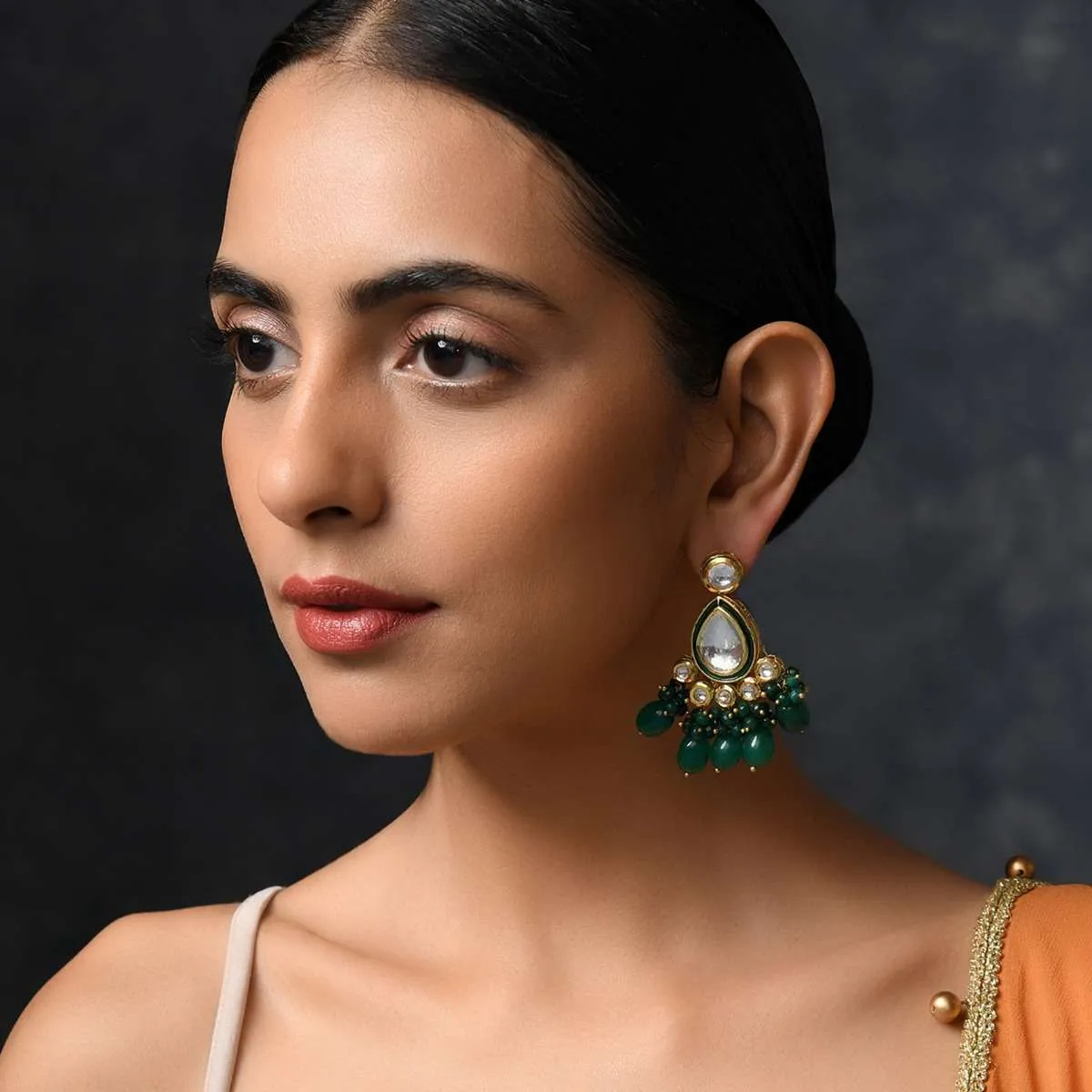 Gold Plated Earrings With Uncut Kundan Polki And Emerald Green Stones By Paisley Pop