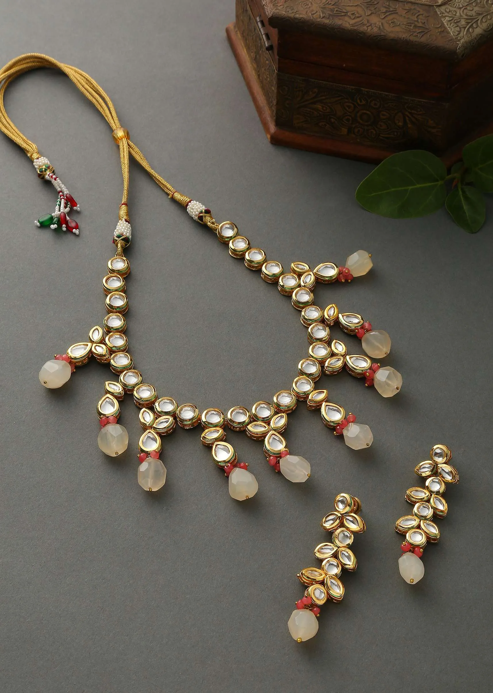 Gold Plated Necklace And Earrings Set Handcrafted With Kundan Work