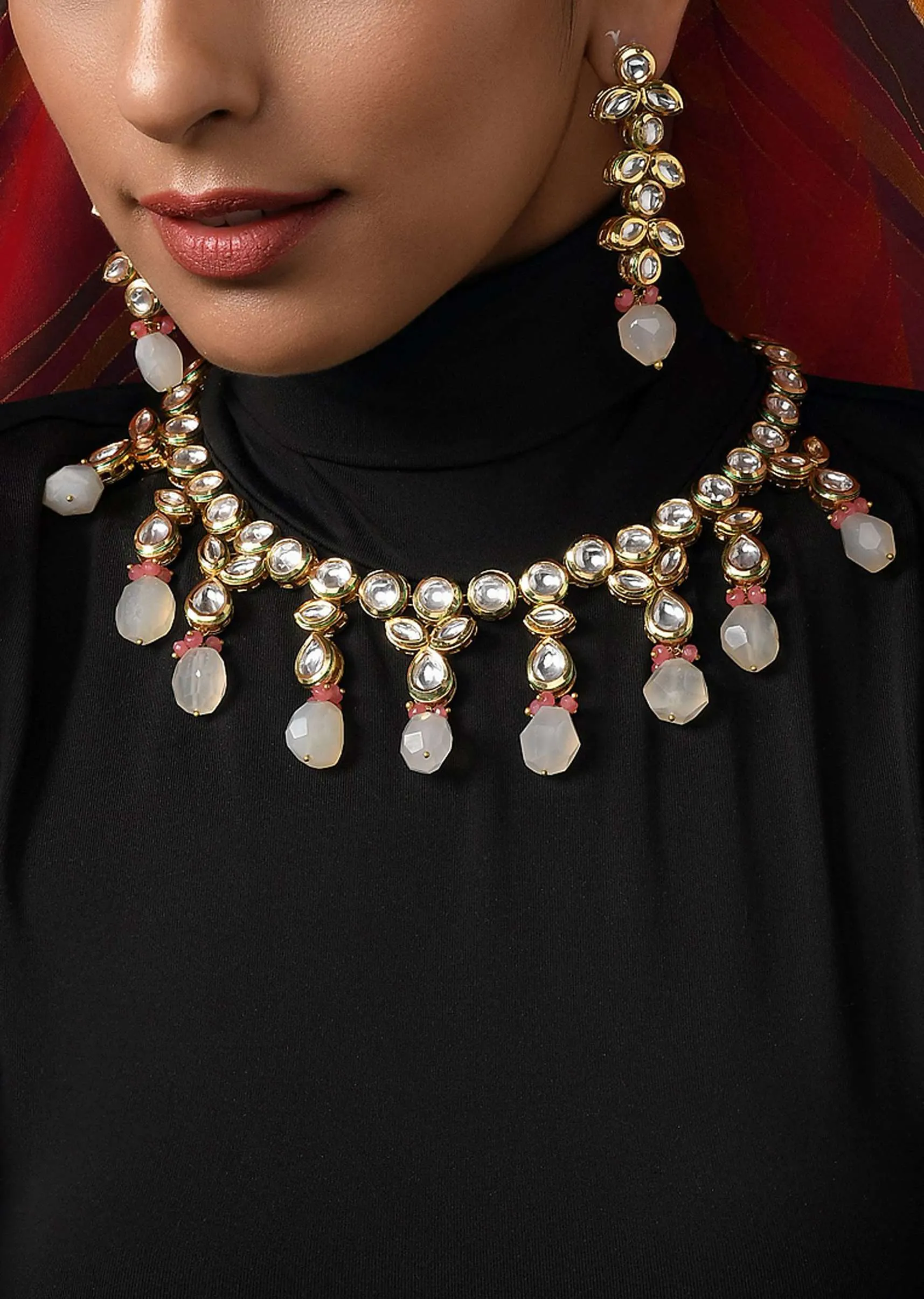 Gold Plated Necklace And Earrings Set Handcrafted With Kundan Work