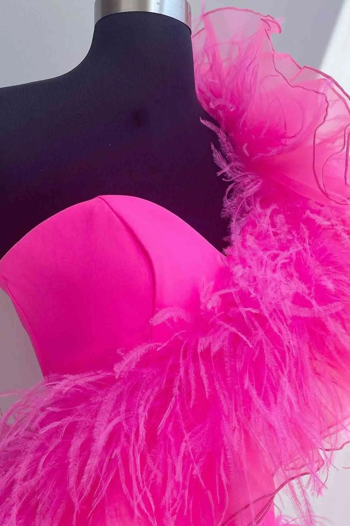 Hot Pink Feather Ruffled Tulle One Shoulder Short Homecoming Party Dress GM692