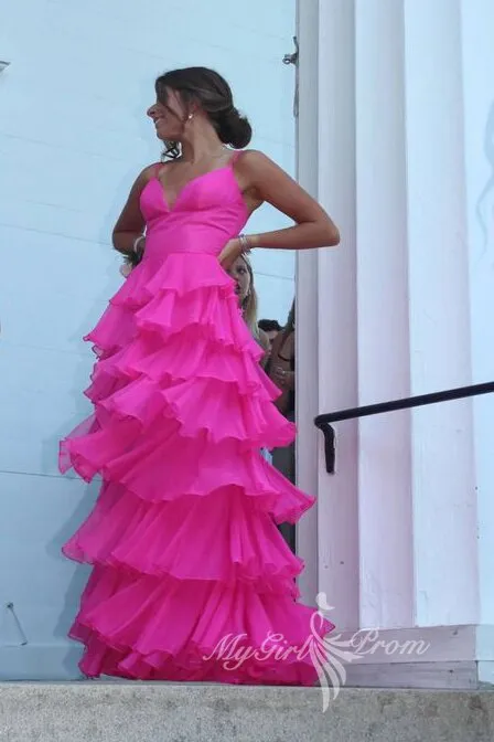 Hot Pink Spaghetti Straps Tiered Long Prom Dress Chiffon Graduation Dress GP455