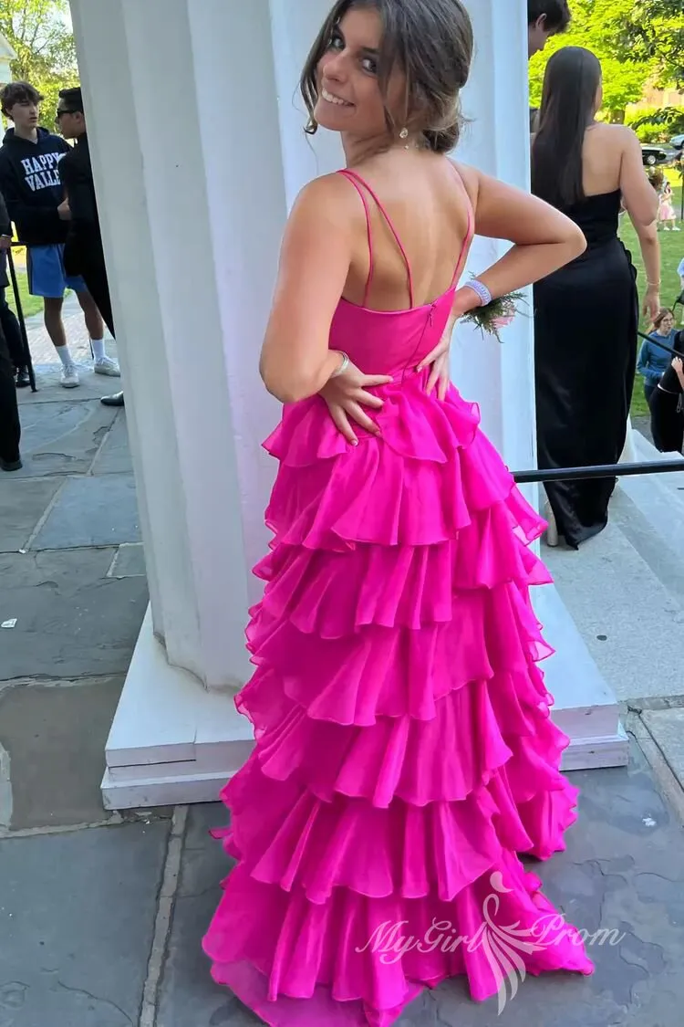 Hot Pink Spaghetti Straps Tiered Long Prom Dress Chiffon Graduation Dress GP455