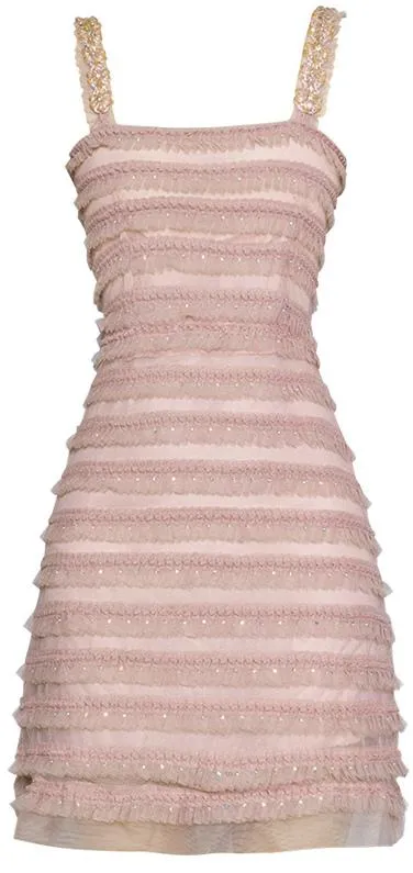 Jewel-Embellished Mesh Ruffled Dress