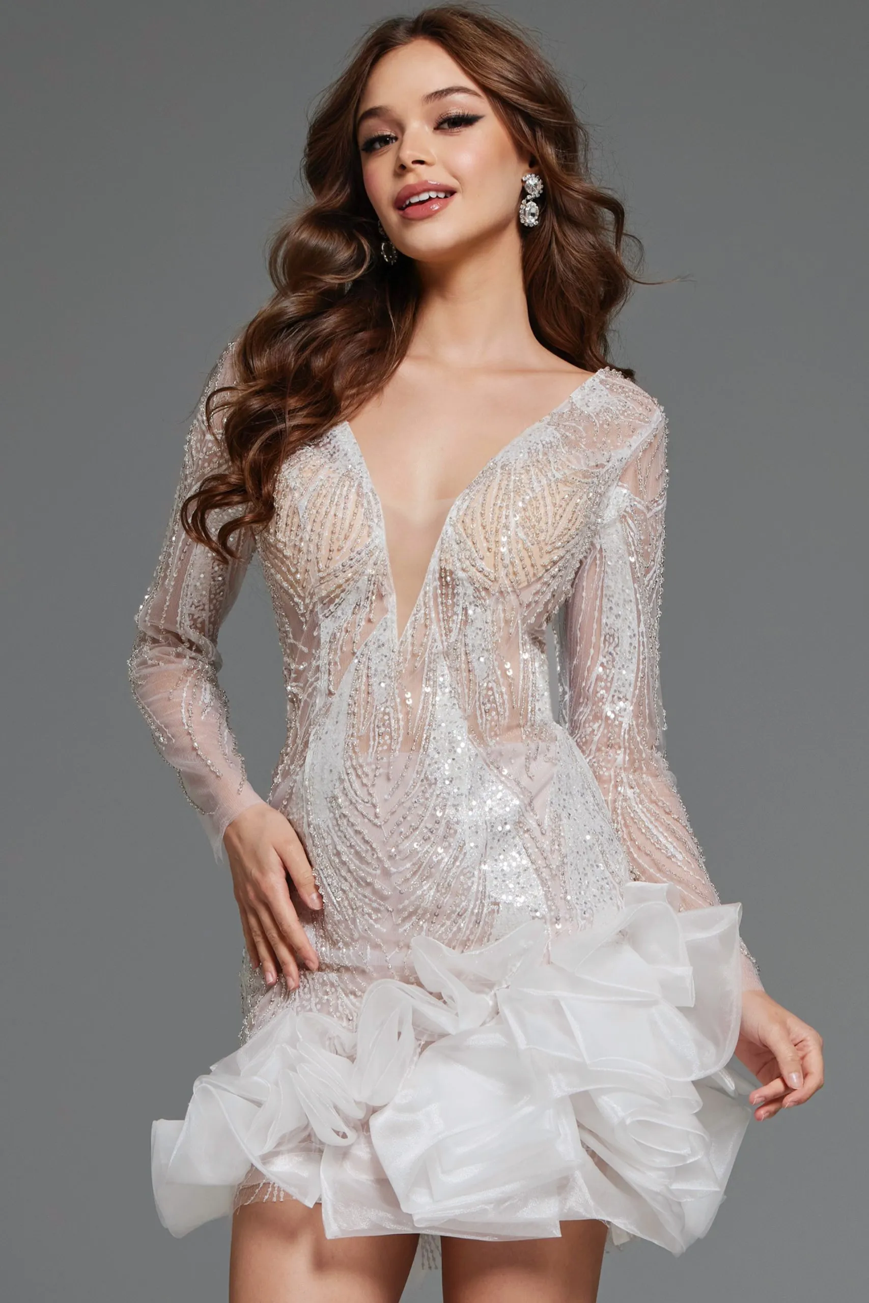 Long Sleeve Ruffled Cocktail Dress by Jovani 23727
