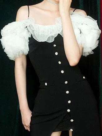 Off-Shoulder Tulle-Ruffled Button-Embellished Long Black Dress