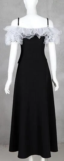 Off-Shoulder Tulle-Ruffled Button-Embellished Long Black Dress