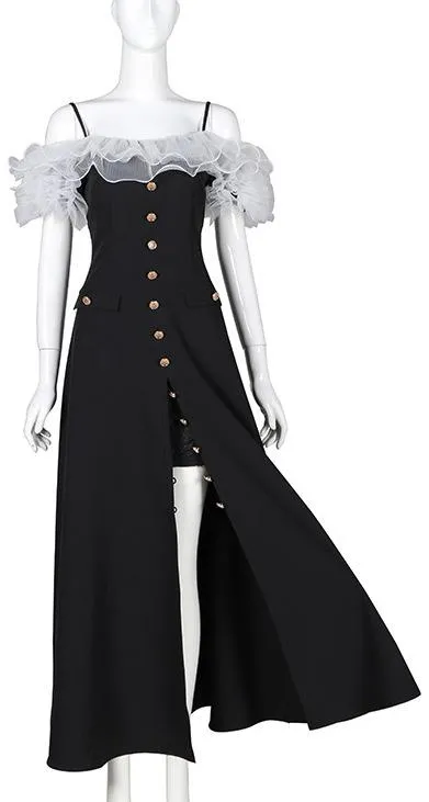 Off-Shoulder Tulle-Ruffled Button-Embellished Long Black Dress