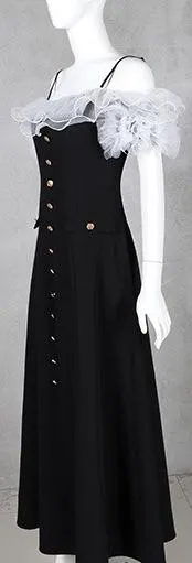 Off-Shoulder Tulle-Ruffled Button-Embellished Long Black Dress