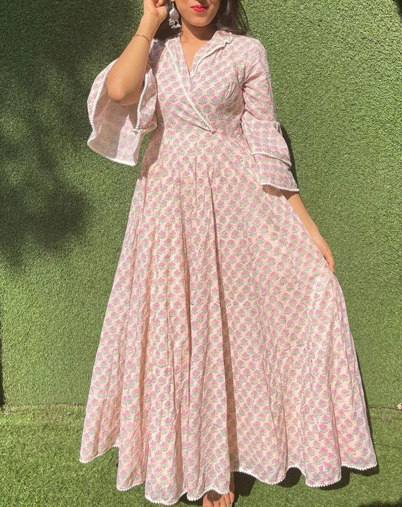 Pastel Block Printed Long Gown