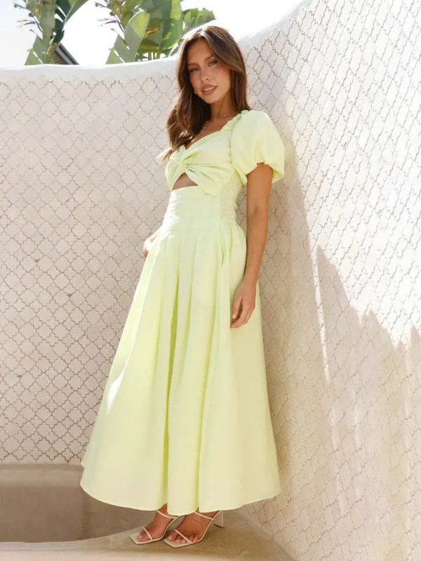 Pastel Yellow Midi Dress with Sweetheart Neckline & Puff Sleeves