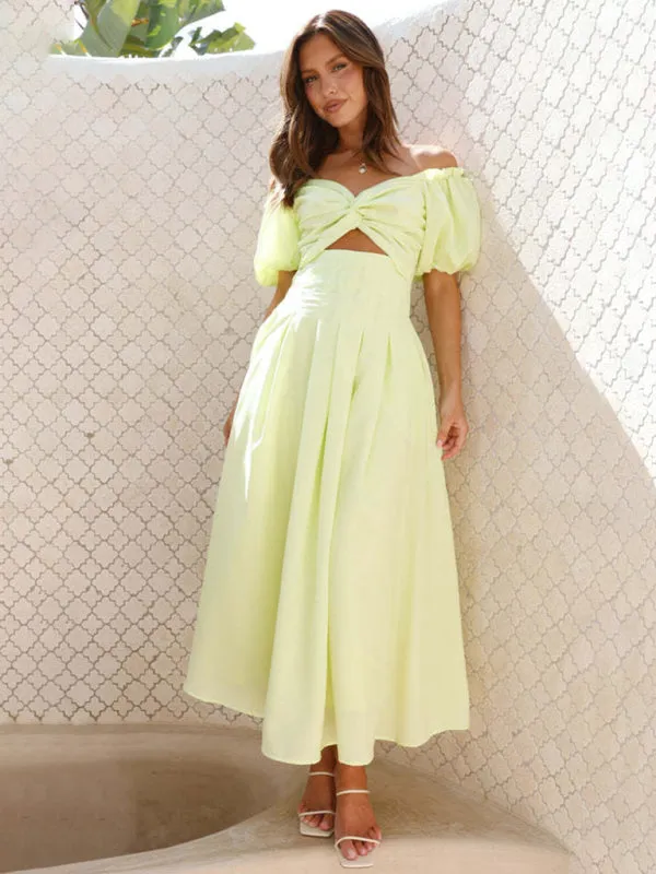 Pastel Yellow Midi Dress with Sweetheart Neckline & Puff Sleeves