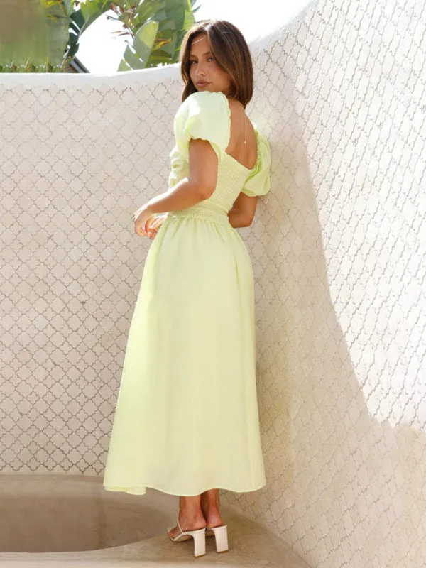 Pastel Yellow Midi Dress with Sweetheart Neckline & Puff Sleeves