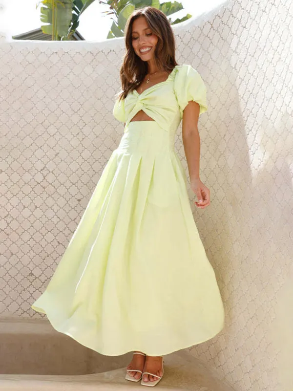 Pastel Yellow Midi Dress with Sweetheart Neckline & Puff Sleeves