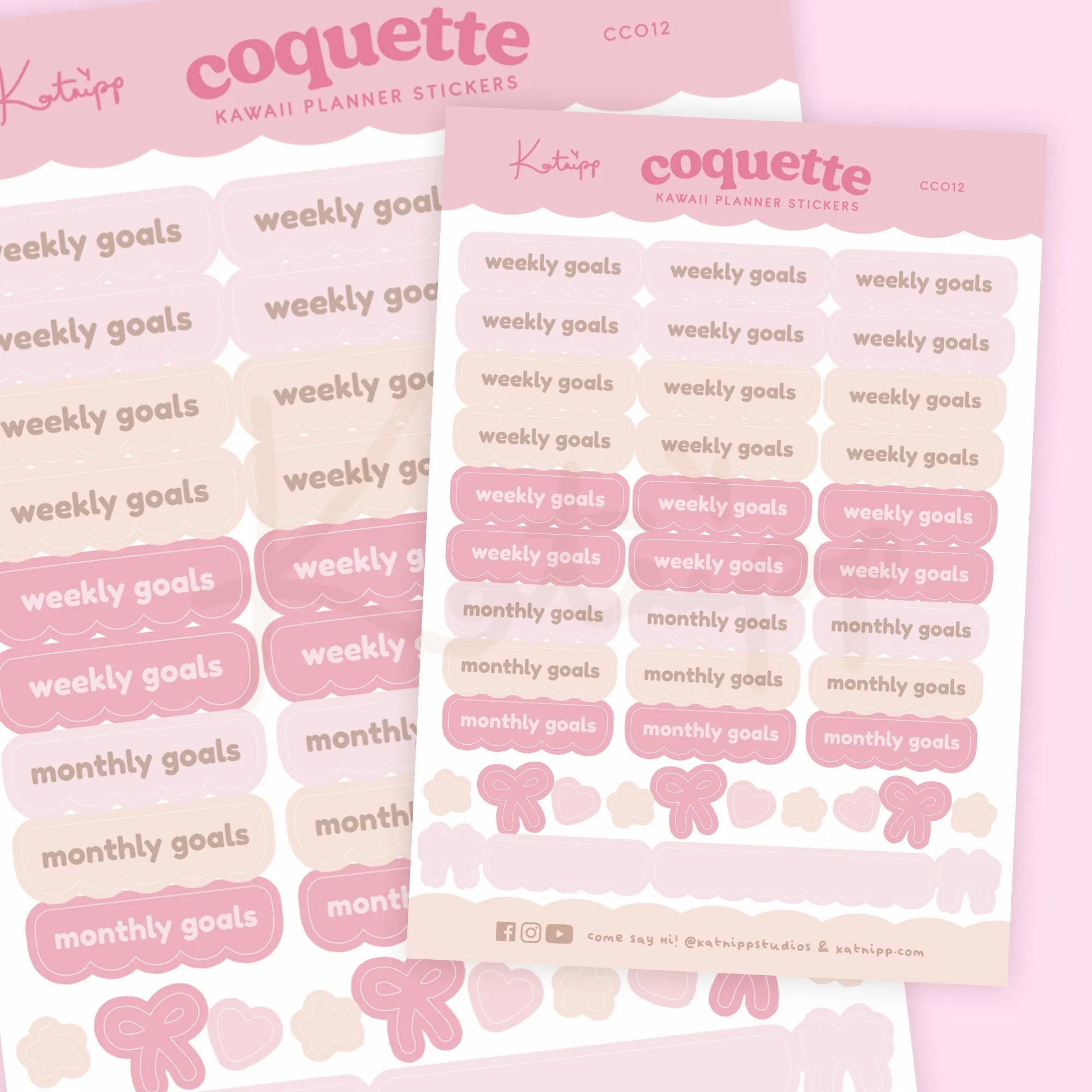 Pink Coquette Bow Weekly & Monthly Goals Sticker Sheet | Kawaii Pastel Planner Stickers | CC012